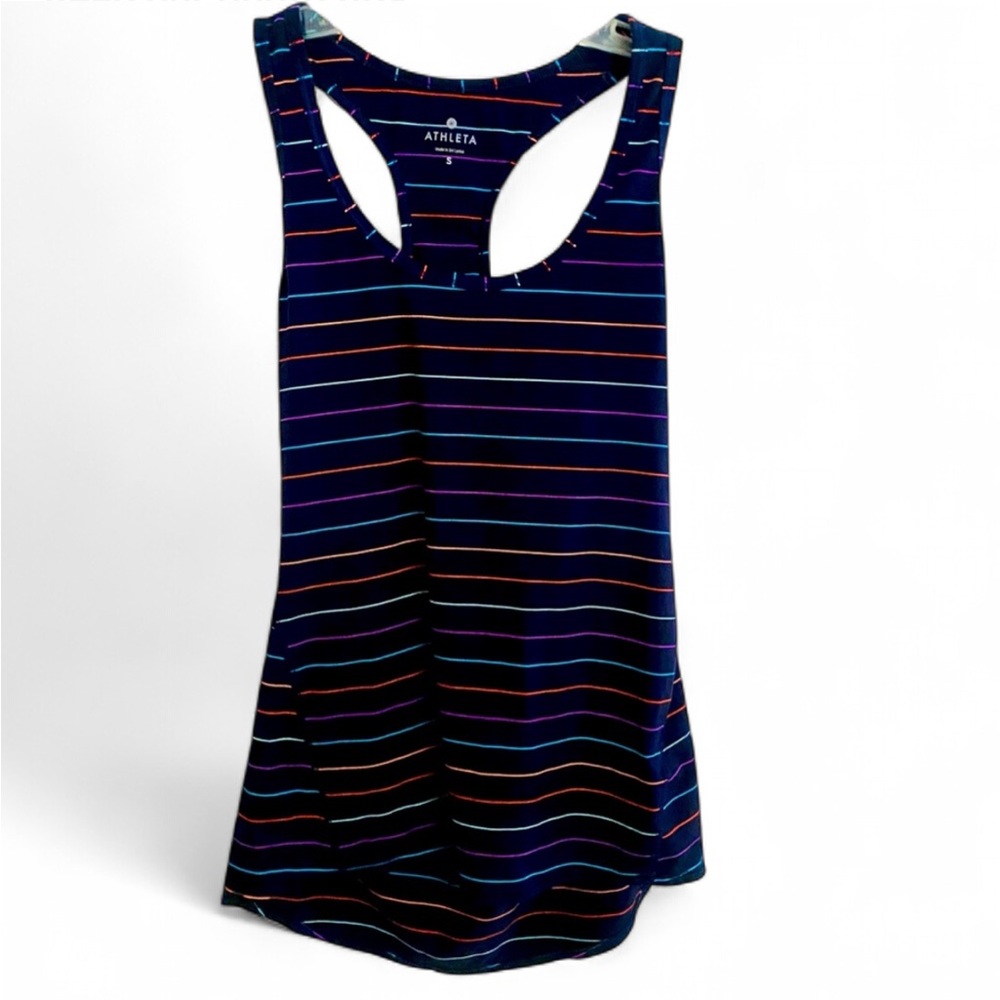 ATHLETA NAVY MULTI COLOR STRIPED RAZORBACK ATHLETIC TANK TOP GYM SIZE SMALL